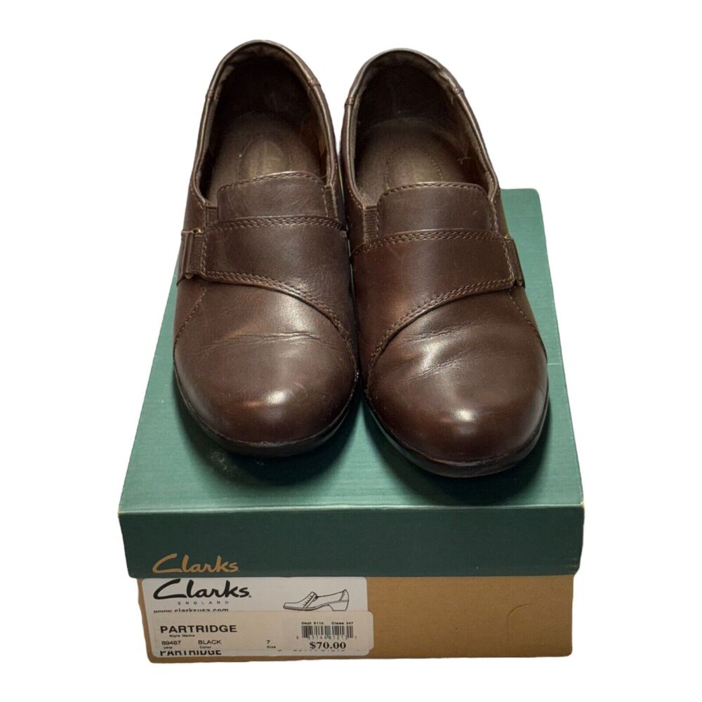 Clarks Women's US 7.5M Clog Brown Leather Casual Slip-On Block Heel Shoes 62729